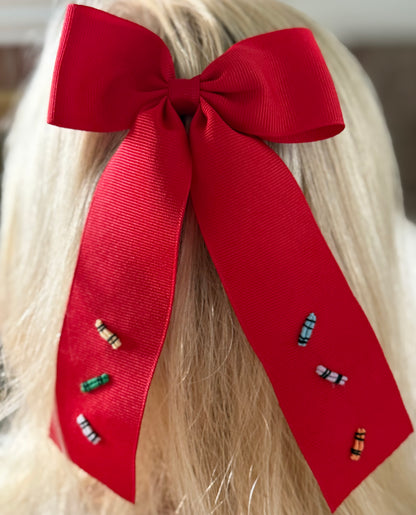 Hand-Embroidered Red Bullion Crayon Bow